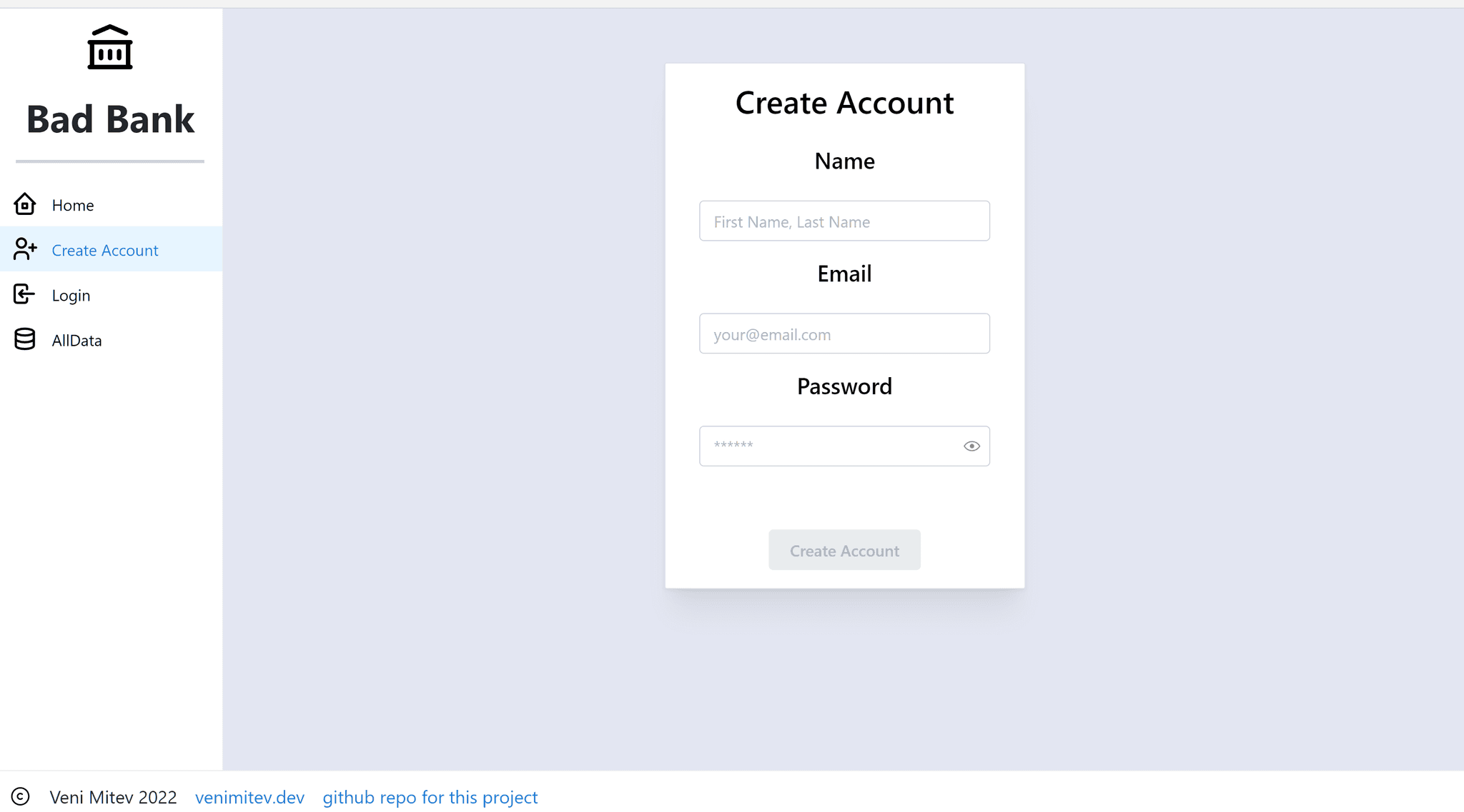 Full-Stack Mock Banking Application: Bad Bank